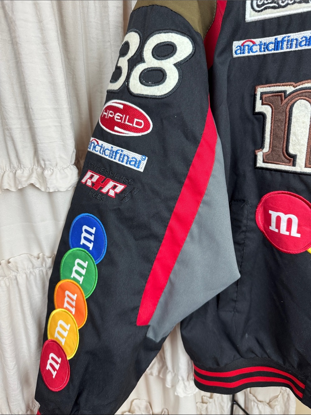 M&M's Black Racing Patch Bomber Jacket with Multicolor Patches - Picture 4 of 12